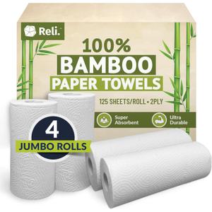 Reli. Bamboo Paper Towels (4 Pack, Jumbo) | Paper Towels Rolls 2 Ply | 125 Sheets/Roll, Full Size Sheets | Unbleached, Organic Rolls for Kitchen, Bathroom | 100% Bamboo Reli. Bamboo Paper Towels (4 Pack, Jumbo) | Paper Towels Rolls 2 Ply | 125 Sheets/Roll, Full Size Sheets | Unbleached, Organic Rolls for Kitchen, Bathroom | 100% Bamboo