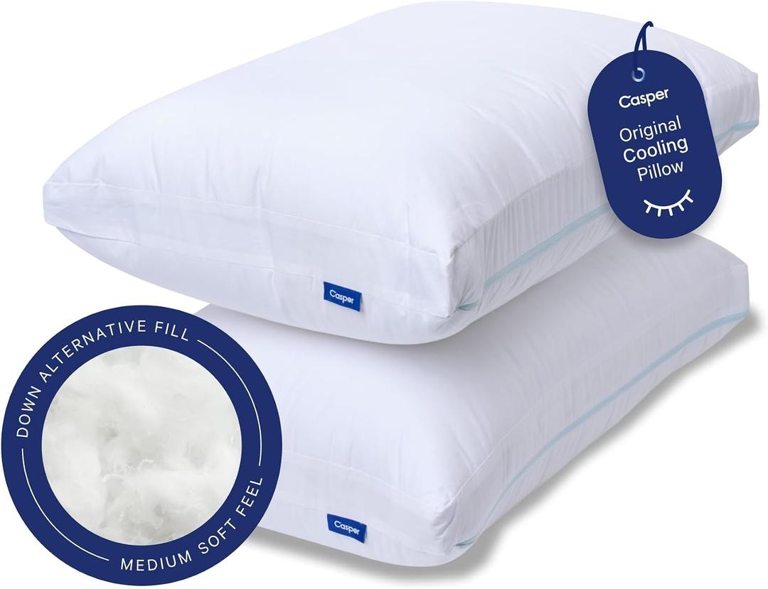 Casper Sleep Original Cooling Pillow 2-Pack, Standard Size – Medium Soft Feel, Down-Alternative Fill, Supports Side, Back & Stomach Sleepers, Neck Pain Relief, Machine Washable