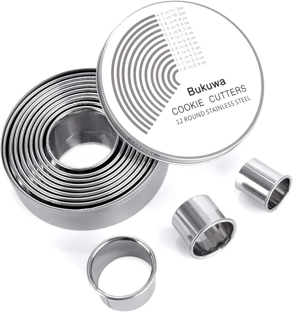 12 Pieces Round Cookie Biscuit Cutter Set, Graduated Circle Pastry Cutters, 18/8 Stainless Steel Cookie Cutters and Donut Cutter Ring Molds