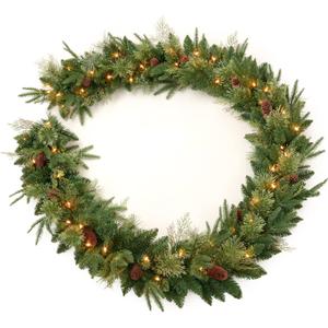 9Ft Pre-lit Christmas Garland 50 Lights, Plug in, Holiday Decoration Fireplace Stairs Mantle Door Indoor Outdoor, Pine Cone, PE Green