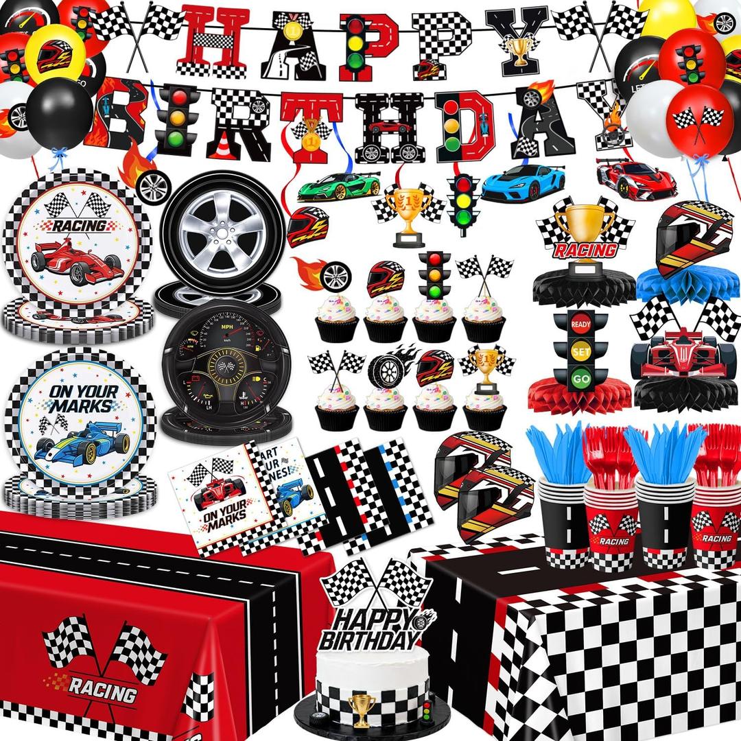 Race Car Birthday Party Decorations Cars Birthday Decorations - Plates, Napkins, Cups, Banner, Hanging Swirls, Tablecloths, Balloons, Honeycomb Centerpieces for Boys Car Decorations, Serves 24