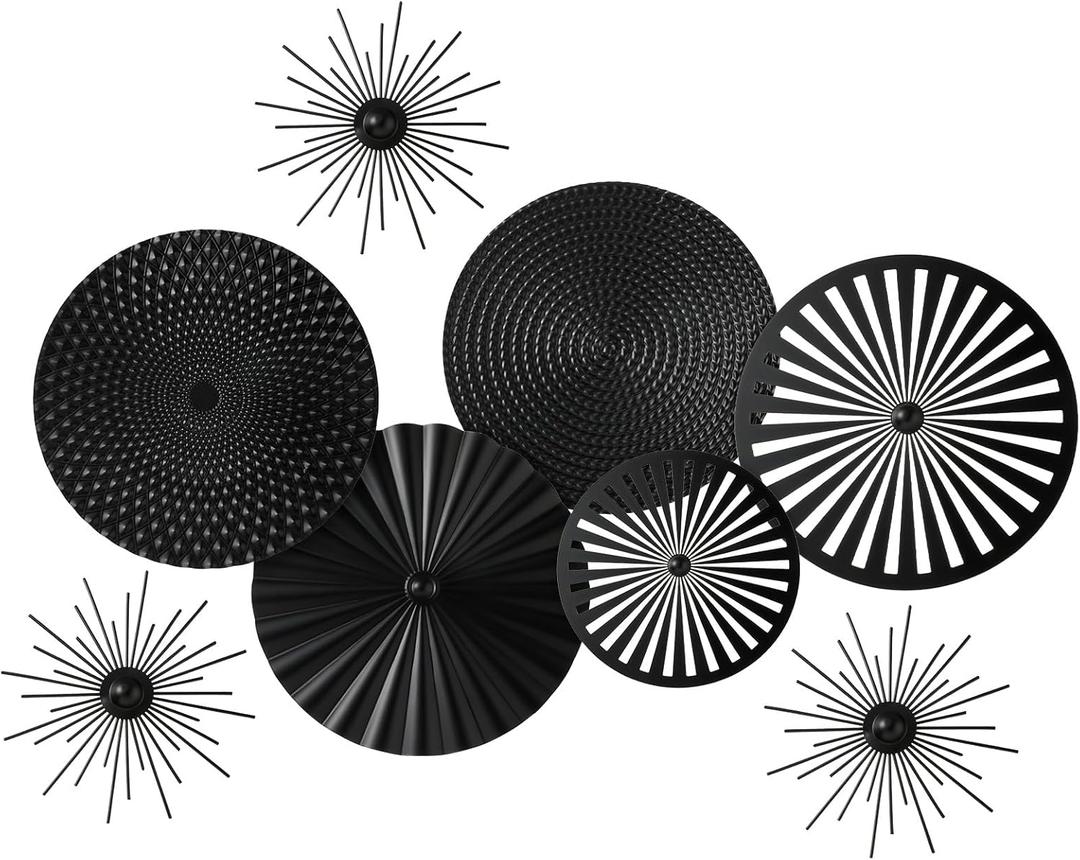 Lingvee 8 Pcs Gold Wall Decor Modern Metal Decor Metal Starbursts Radial Plate Art Hanging Decorative Wall Decorations for Home Bedroom Bathroom Living Room Office Sculpture (Black)