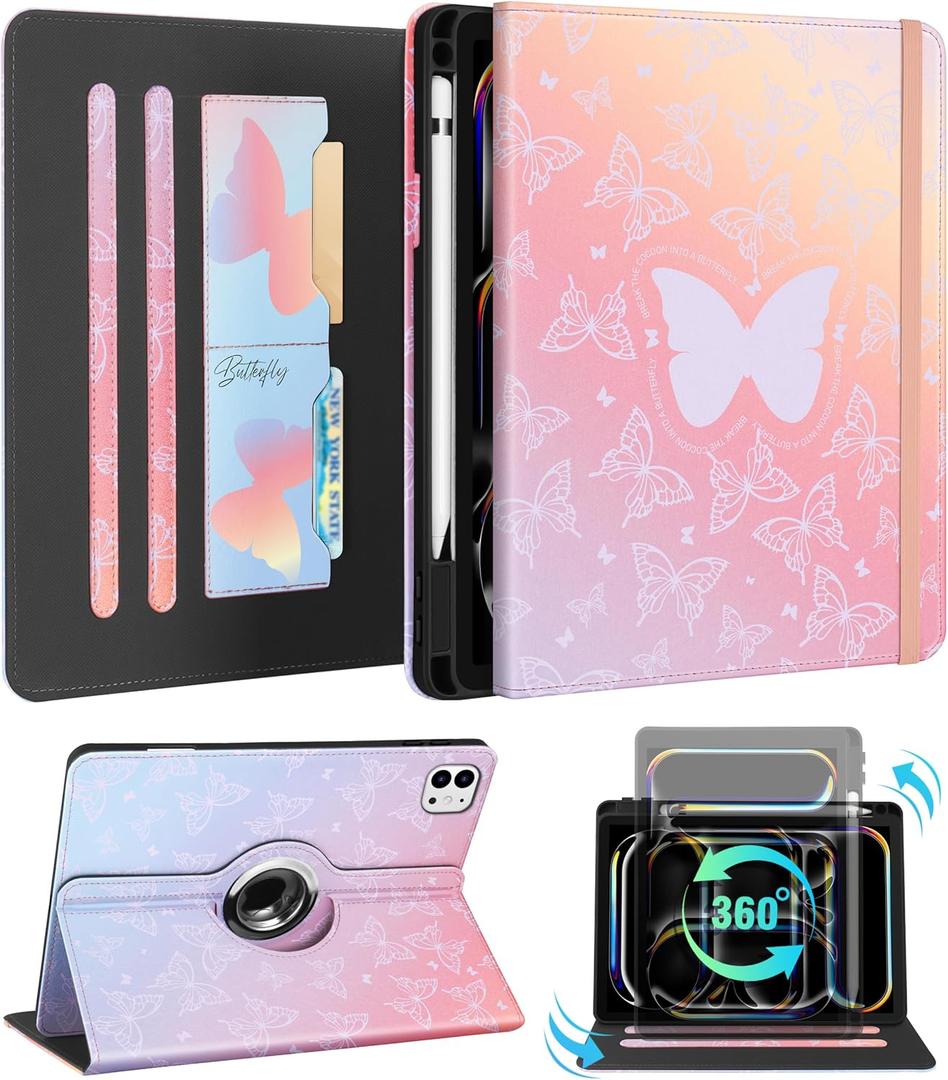 Kidcube for iPad Pro 11 Inch Case M4 2024 5th Generation - Women Girls Kid Cute Rotating Stand Folio Cover with Pencil Holder & Card Slot Kawaii Butterfly Design for iPad Pro 11'' Case 2024 M4 5th Gen