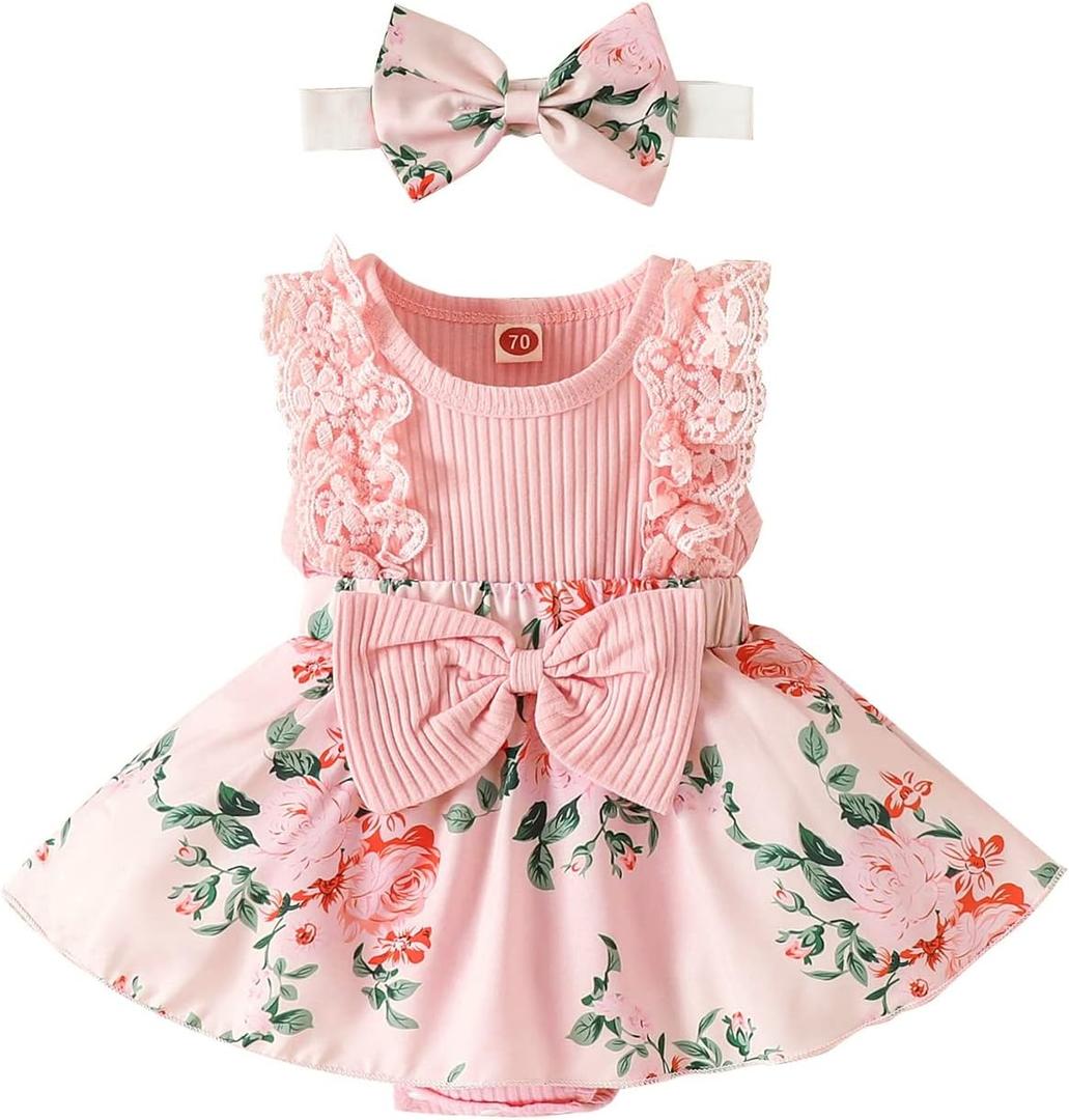 Baby Girl Clothes Newborn Romper Dress Infant Lace Ruffle Sleeveless Summer Outfits with Headband 0-12 Months, Pink