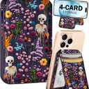 Shorogyt Compatible with Magsafe Wallet for Magnetic Fold Card Holder for Women - Cute Phone Wallet for iPhone 17/16/15/14/13/12 Series,RFID Blocking Stand Printed Leather Fit 4 Cards,Skull Flower, Biege