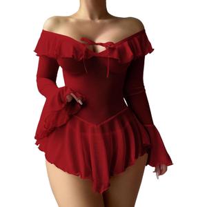 Sexy Lingerie for Women Rave Outfits Clubwear See Through Lingerie Sets Bell Sleeve Ruffle Mesh Tops (XX-Large, Wine Red)