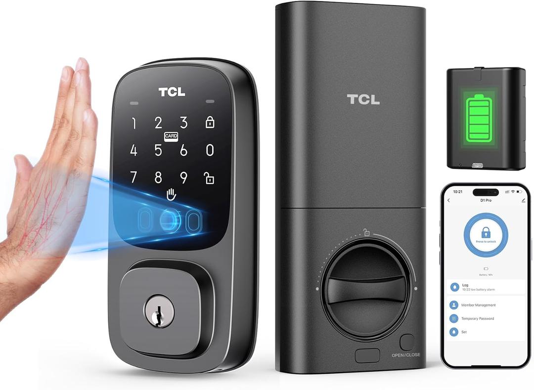 TCL D1 Pro Palm Vein Smart Lock, Keyless Entry Door Lock, Upgraded Rechargeable Battery, Front Door Smart deadboalt, App Remote Control, Auto-Lock, Waterproof, Works with Alexa (Black)