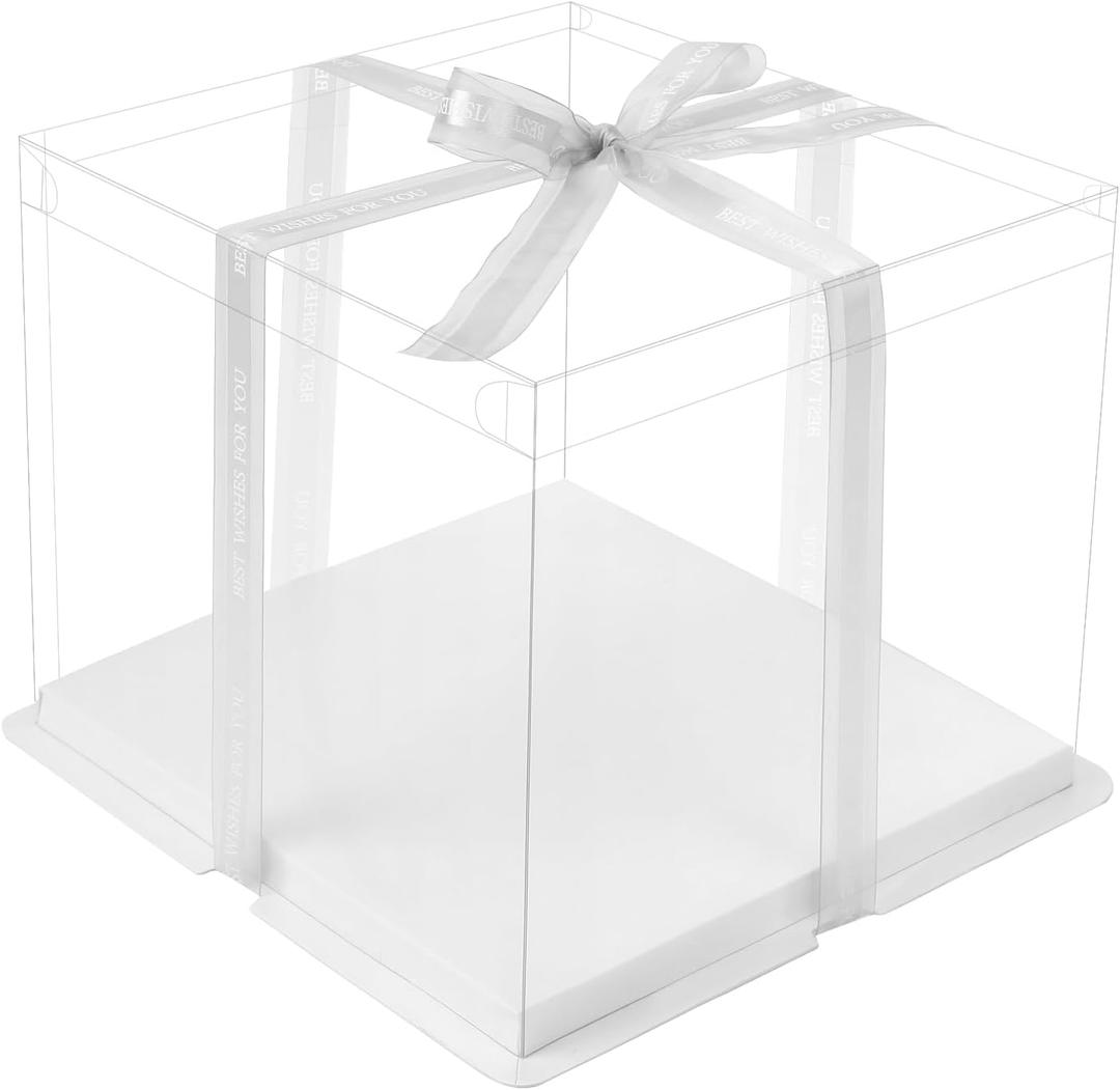 2 Pack Clear Cake Boxes 10x10x9 in, Transparent Cake Carrier Box with Lid, Tall Cake Packaging Box with Ribbon, Clear
