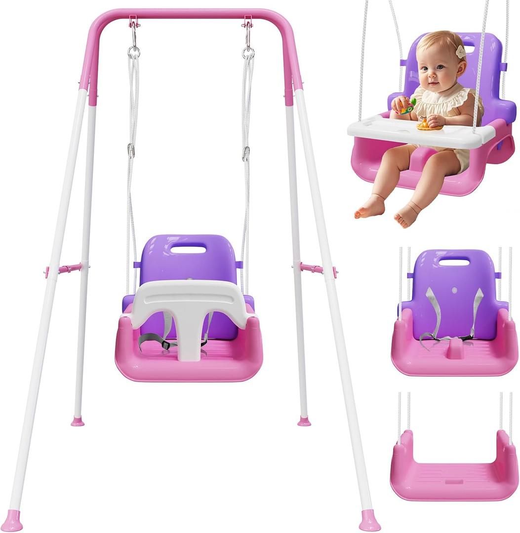 Upgraded Toddler Swing with Tray, Baby Swing Outdoor with Detachable Design, Safety Belt, Foldable Frame for Outdoor & Indoor Use (Pink)