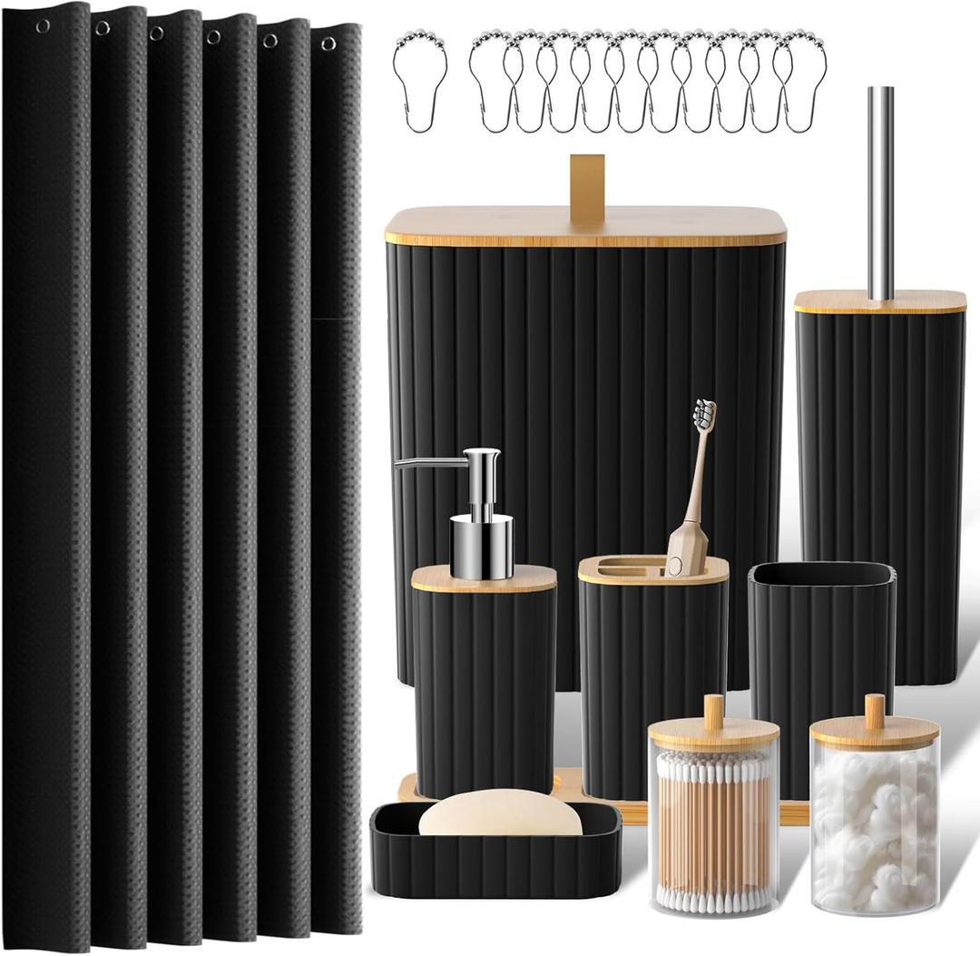 Bathroom Accessories Set - Black Bathroom Set, 22PCS Bathroom Accessory Set, Functional Shower Curtain Set withTrash Can, Toilet Brush Holder Set & Soap Dispenser for Home Decor