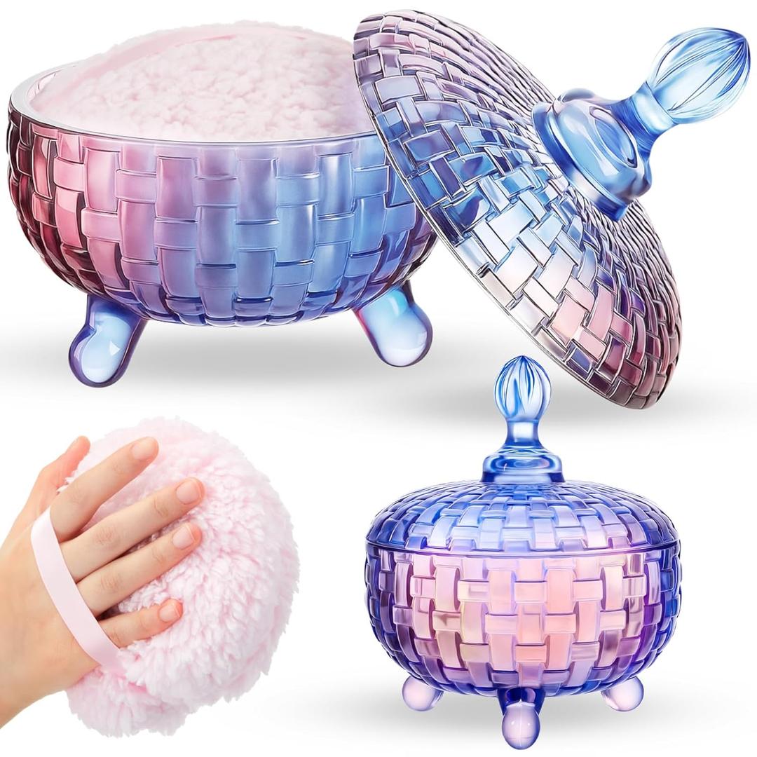 Tioncy 2 Pcs Extra Large Dusting Powder Puff and Container for Women-6'' Glass Crystal Dusting Powder Container with Body Soft Washable Reusable Velour Face(Gradient, Weave Design)