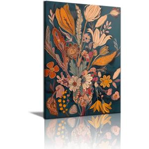 Boho Flower Canvas Wall Art Abstract Flower Plant Wall decor pictures Mid Century Modern Flowers Picture Prints Orange Floral Poster Artwork For Living Room Bedroom Home Decorations (24inx36in canvas) (36L" x 24W")