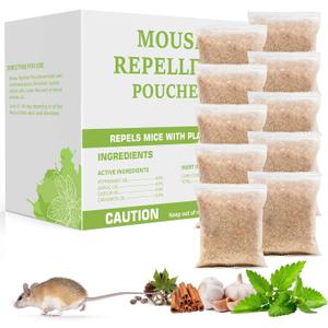 Pest Repellent Pouches, 10 Pack Peppermint Oil for Mice, Rodent, Mouse, Rats, Spider, Squirrel, Pest Control Indoor & Outdoor, Natural Mouse Deterrent Replace Traps Family & Pet Safe