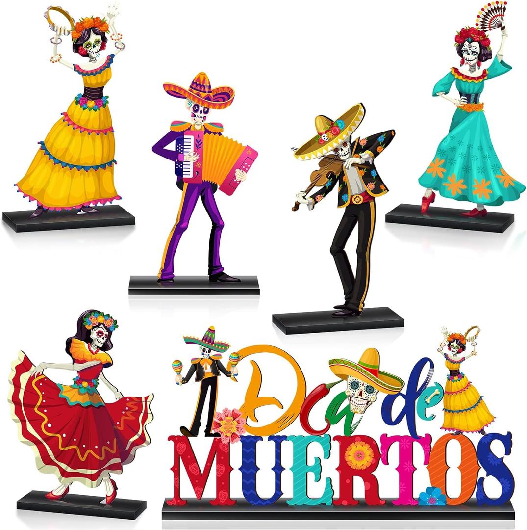 Barydat 6 Pieces Day of The Dead Table Decorations Dia De Los Muertos Decor Wooden Sugar Skull Couple Desk Centerpieces for Halloween Mexican Fiesta Carnival Party Decoration Supplies