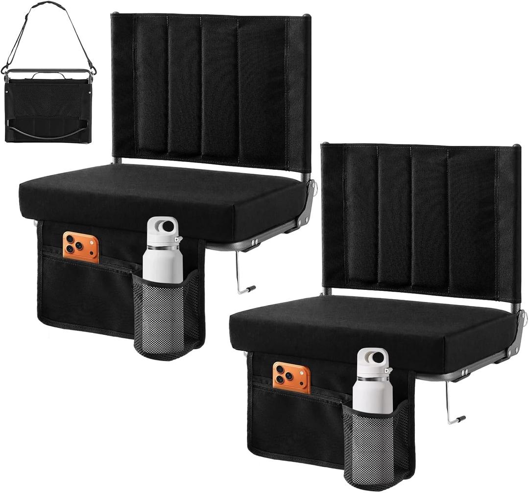 OLIXIS Stadium Seats 2 Pack with Back Support, Bleacher Chairs with 3.15" Thick Padded Comfortable, Wide Portable Lightweight Folding Seat for Sports Events, Concerts, Outdoor Activities, Black