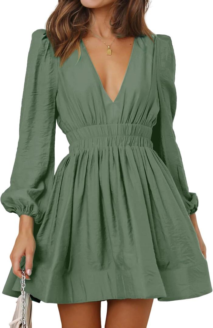FAIABLE Mini Deep V Sexy Long Sleeve Dress for Women A-line High Waisted Casual Flowy Dress for Cocktail Wedding Guest L