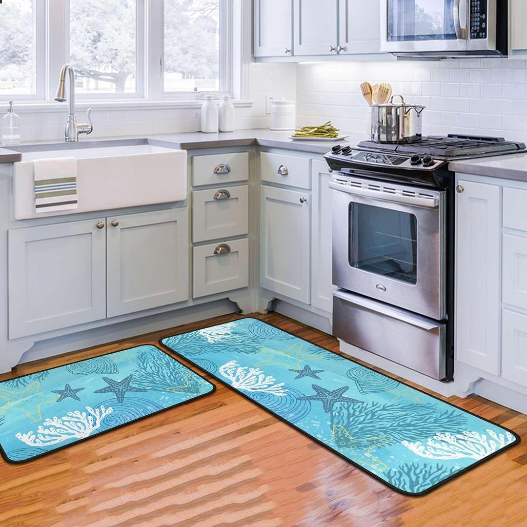 Coastal Beach Kitchen Rugs and Mats for Floor, Summer Decorations for Home, 2 Pcs Non-Slip Backing Nautical Kitchen Mat, Summer Decor Starfish Ocean Kitchen Rug Sets with Runner 17"x47.2"+17"x30"