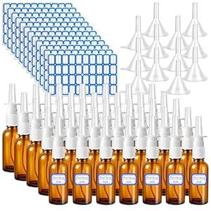 ZHWKMYP 60 Pcs Nasal Spray Bottle Empty, Brown Glass Refillable Fine Mist Nasal Spray Bottles with 12 Funnels and 12 Labels (30ML/ 1oz)