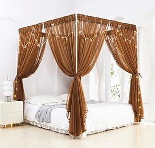 Akiky Canopy for Girls Room Bed Curtains Sheer Curtain for Twin Full Queen Size Bed Drapes,8 Panels Canopies with Light,Room Dcor(Full/Queen, Coffee)