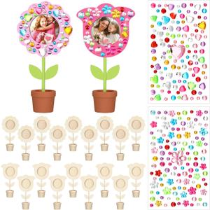 Tellingyou 18 Pcs Mothers Day Crafts Flower Picture Frame Craft Kit Spring Flower Pot DIY Wood Picture Frames with 2 Gems Stickers for Mother's Day Gift Kids(Tulip Shape)