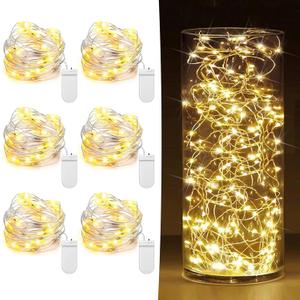 6 Pack Fairy Lights Battery Operated 7ft 20 LED Mini String Lights Twinkle Lights Silver Wire Firefly Starry Moon Lights for Mason Jars Wedding Party Christmas Centerpiece Table Decorations, Warm White
