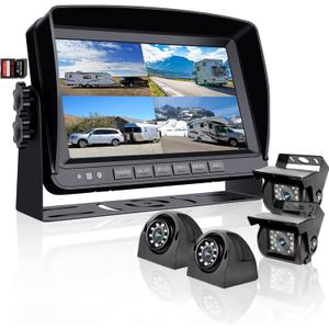 Backup Camera System with 9'' 1080P Monitor Wired for RV Truck Trailer Camper Bus, 4 Split Screen Quad View HD DVR Record Monitor + IP69 Waterproof 360 View Night Vision Rear Side Camera