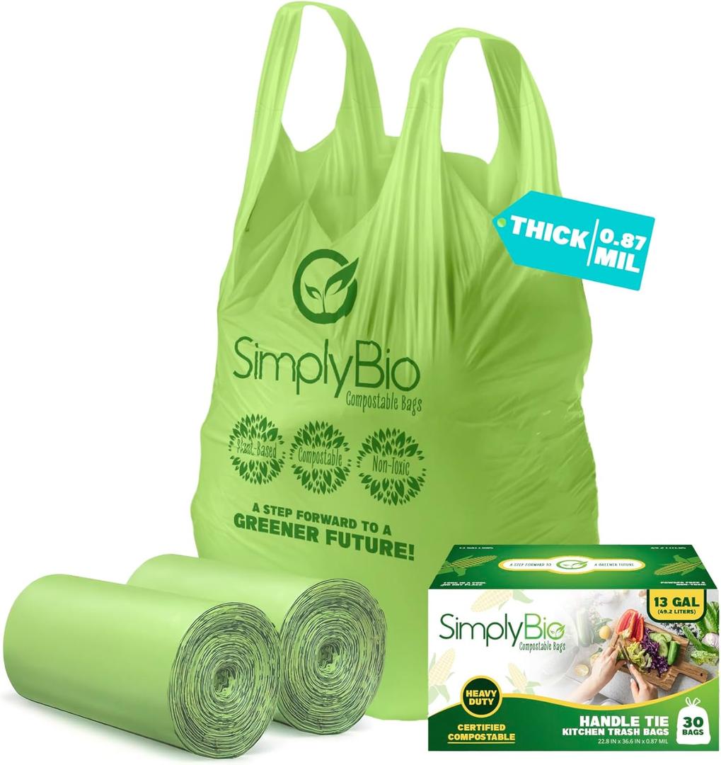 Simply Bio 13 Gallon Compostable Trash Bags Liners with Handle-Tie, Thick 0.87 Mil, 49.21 Liter, 60 Bags, Tall Kitchen Food Scrap Waste Bag, ASTM D6400, US BPI and OK Compost Home Certified