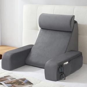 ENITYA 19" Back Support Pillow,Reading Pillow with Attached Arms & Large Pockets, Removable Washable Cover, Wedge for Sitting,Reclining,Watching TV,Post Surgery in Bed,Couch or Floor,Medium Firm,Grey