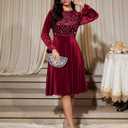 Bbonlinedress Velvet Sequin Cocktail Long Sleeve Dress for Women Velvet Vintage Wedding Guest Midi Dress (Large, Burgundy)