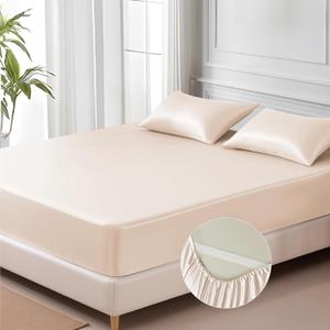 MR&HM Satin Fitted Sheet & Pillowcase Set King Size, 3-Piece Silky Soft Bedding with 15" Deep Pocket, Reinforced Elastic Corner Straps to Prevent Slipping Off Mattress, Beige