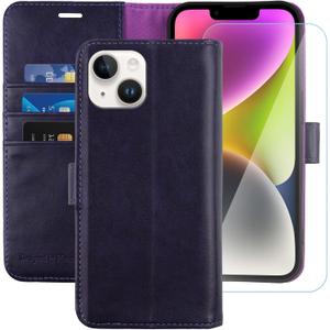 MONASAY Wallet Case Compatible for iPhone 13 mini, [Glass Screen Protector Included] [RFID Blocking] Flip Folio Leather Cell Phone Cover with Credit Card Holder, 5.4-inch, Purple
