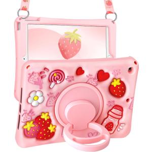 Boaretiu for iPad 9th/8th/7th Generation 10.2 Inch Case (2021/2020/2019) - Soft Silicone Cute Cartoon with Shoulder Strap & Rotating Stand Kawaii for Women Girls Girly Teens Cover, Strawberry