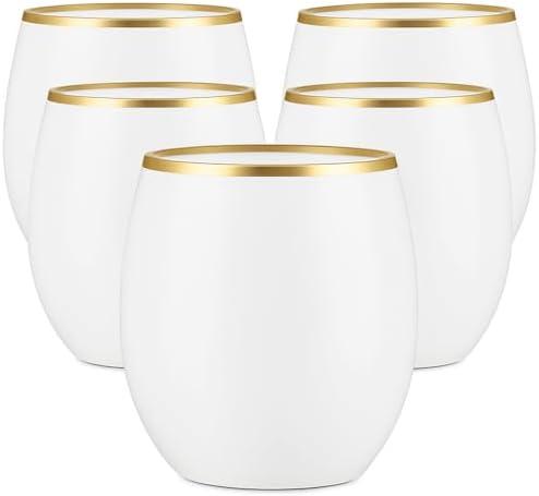 48 count Unbreakable Stemless Plastic Wine Champagne Whiskey Glasses Elegant Durable Disposable Indoor Outdoor Ideal for Home, Office, Bars, Wedding, 12 Ounce Cups Gold Rim