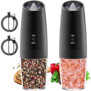 Electric Salt and Pepper Grinder Set Rechargeable Gravity Pepper and Salt Mill Grinder Set Type-C Fast Charging, Adjustable Coarseness, Large Capacity with LED Light (Black-2pcs)
