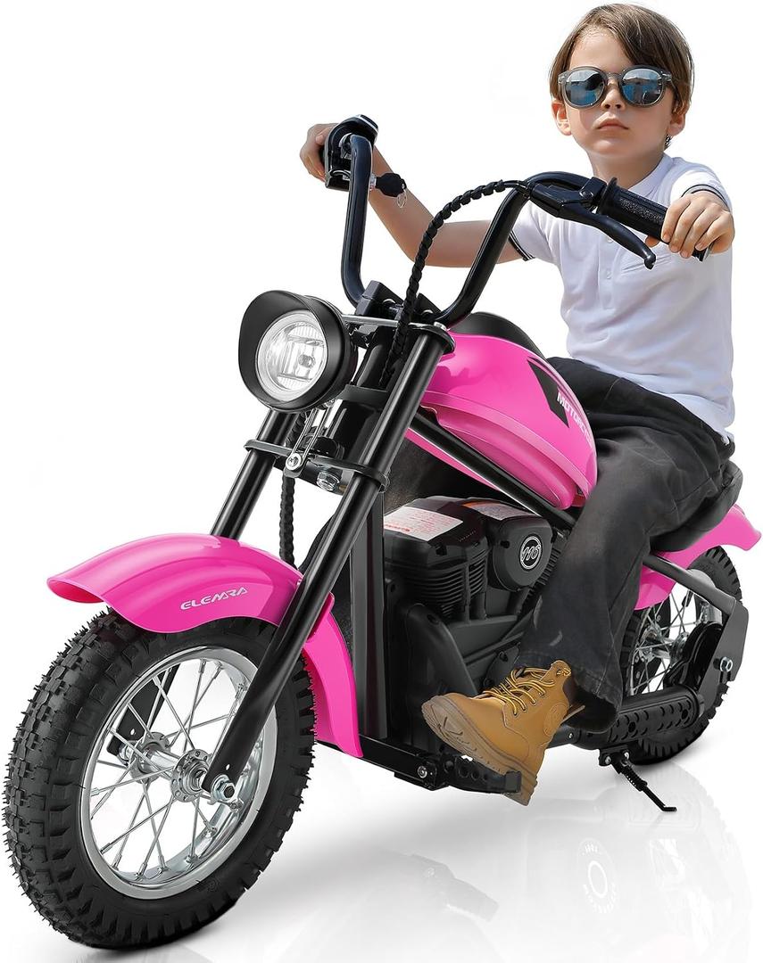 ELEMARA Electric Dirt Bike, 15 mph & 150lb Max, 24V Ride on Toy for Big Kids w/LED Lights & Power Display,Chain-Driven Motor,Twist-Grip Throttle, Shock Springs,Handbrake,12" Air-Filled Tires-Pink