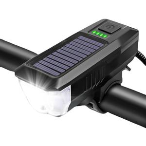 Bike Lights for Night Riding,Solar Charging Bicycle Light 3 Modes LED Road Mountain Bike Front Light Waterproof Bicycle Bell Light USB Rechargeable Headlight (Black)