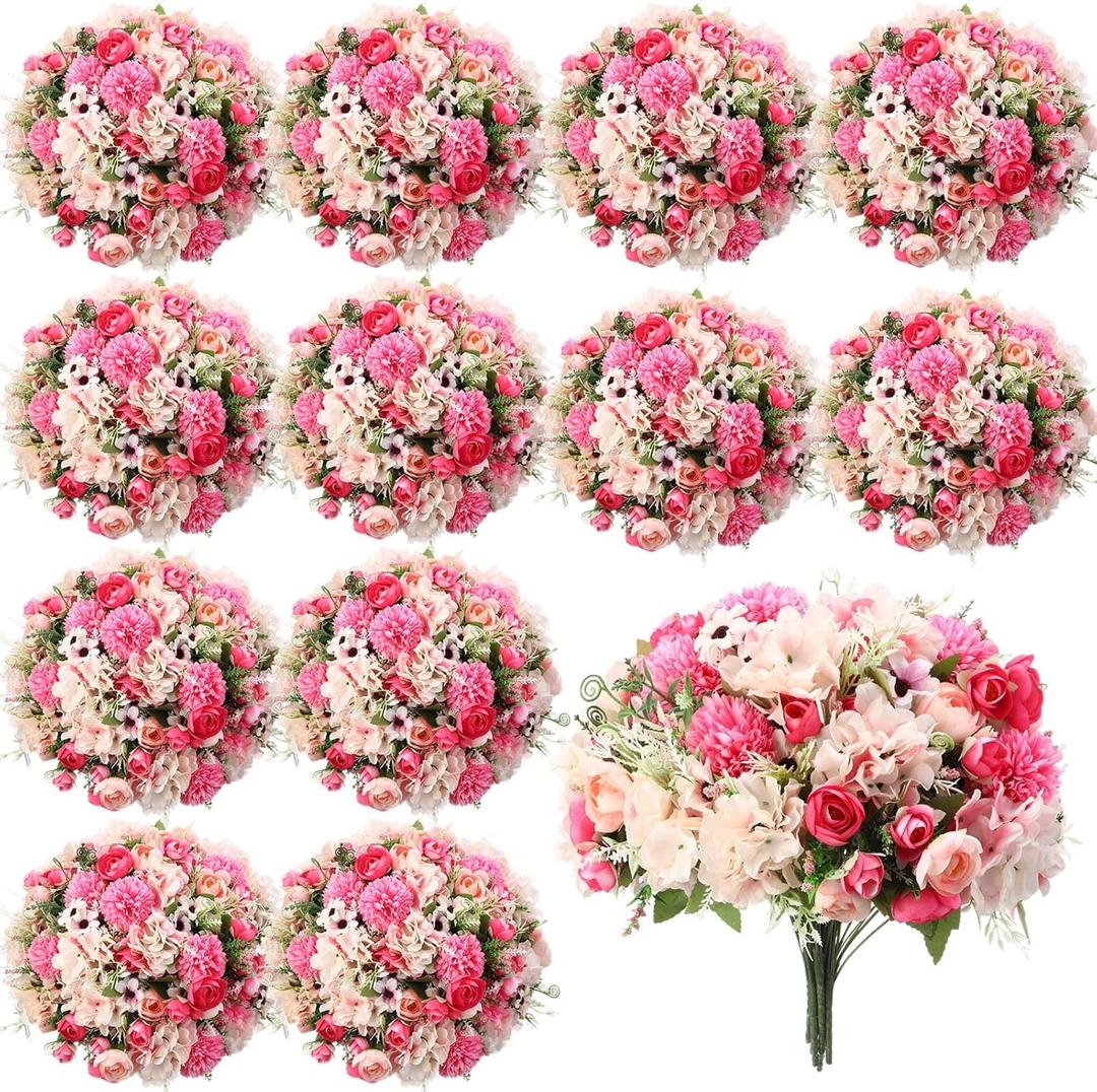 Tigeen 12 Bundles Peonies Artificial Flowers Faux Roses Silk Flowers Hydrangea Artificial Bouquet for Wedding Table Centerpiece Floral Vase Home Office Bridal Decor (Rose Red)