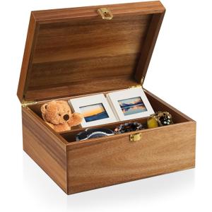 Wooden Keepsake Box, Large Acacia Decorative Storage Boxes with a Hinged Lid, Memory Treasure Box with Dividers for Crafts and Photo Storage