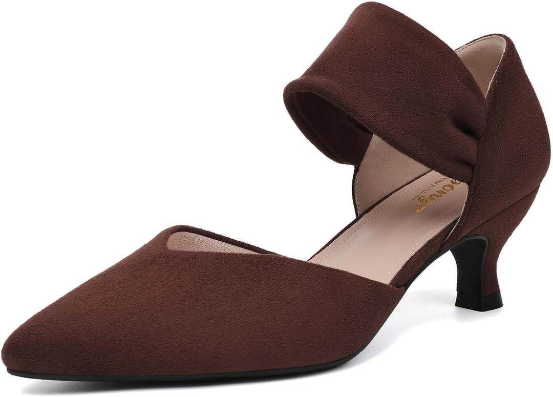 RIBONGZ Kitten Heels for Women Closed Toe Comfortable Low Heels Pointed Toe Sexy Slip on Pumps Bridal Party Dressy Shoes (Brown, Size: 6)