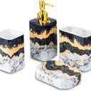 4 Piece Bathroom Accessories Set - Black and White Includes Lotion Dispenser, Toothbrush Holder Tumbler, and Soap Dish - Glossy Finish (Marble, Black, and White)