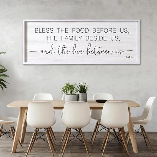 Bless the Food Before Us, the Family Beside Us, and the Love between us Framed Wall Art for Dining Room, 40''×15'' Holy Positive Religious Rustic Bible Verse for Christian God Jesus Christ Prayer