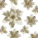 Alupssuc 24 PCS 3 Styles 6'' Poinsettia Christmas Flowers Artificial, Glitter Artificial Flower, Christmas Decorations for Xmas Tree Party Wreath Fireplace, New Year Ornaments, Light Gold