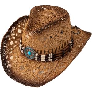QWINEE Ombre Bead Decor Hollow Out Cowboy Hat Straw Cowboy Cowgirl Hats Summer Beach Sun Hat for Women Men (One Size, Khaki)