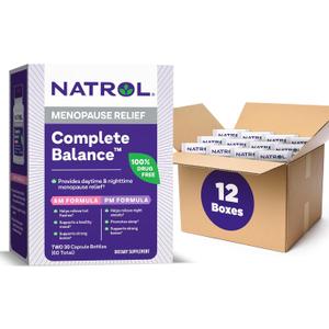 Natrol Complete Balance A.M./P.M. Supplement Helps Relieve Hot Flashes and Night Sweats, Complete Day and Night Menopause Support, Provides Mood Support, Hormone Free, 60 Count (Pack of 12)