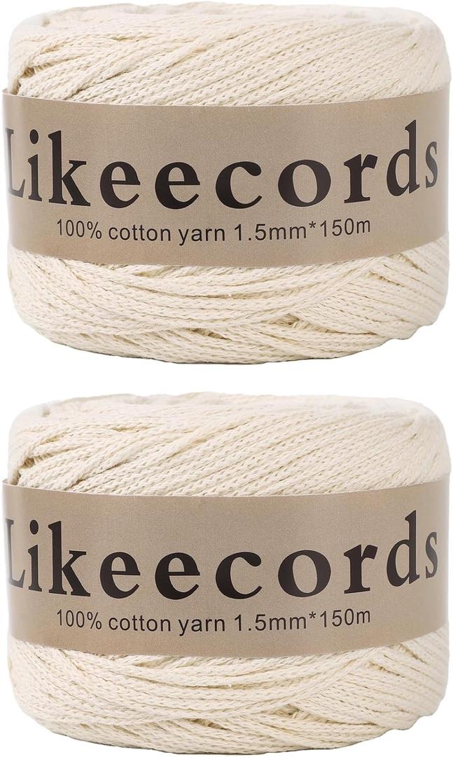 Likeecords 100% Cotton Macrame Cord 1.5mm x 330 Yards (300m)1.5m Macrame Yarn Crochet Macrame Bag Cord Crafts for Bags and Knitting Home Decorations(Beige) (2 Skeins)