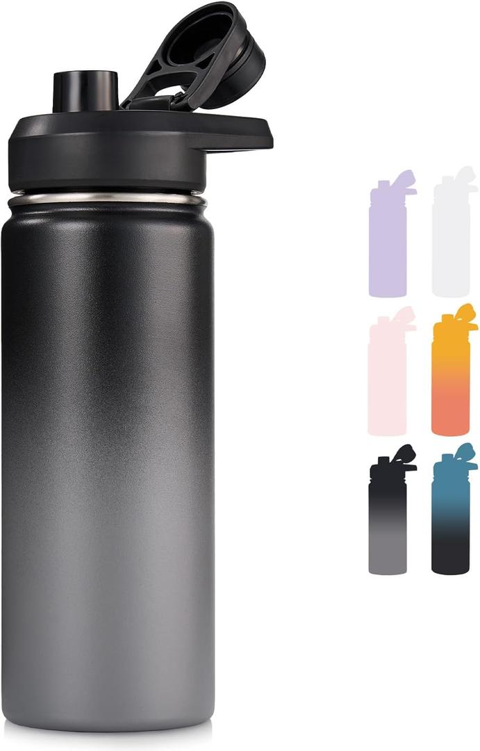 Fijinhom 18 oz Insulated Water Bottle with Handle, 304 Stainless Steel Water Bottles with Wide Mouth, Double Wall Vacuum Sports Water Bottle, BPA Free, Keep Cold and Hot, Black/Gray