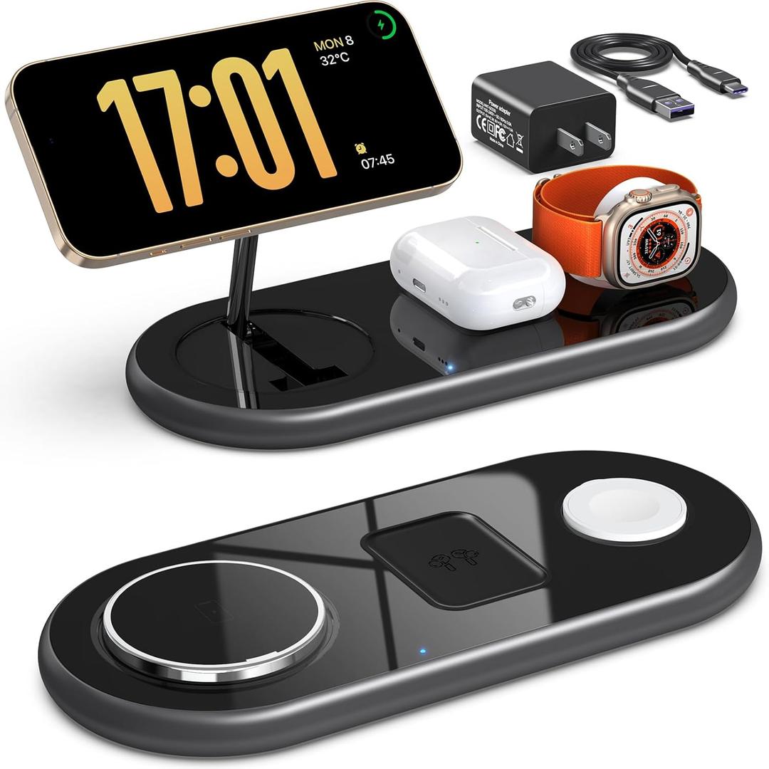 2025 Upgraded 3 in 1 Charging Station for Apple Devices, Fast Magnetic MagSafe Wireless Charger Stand for iPhone 16/15/14/13/12 Series & Apple Watch 110/Ultra & AirPods Pro (Silver)