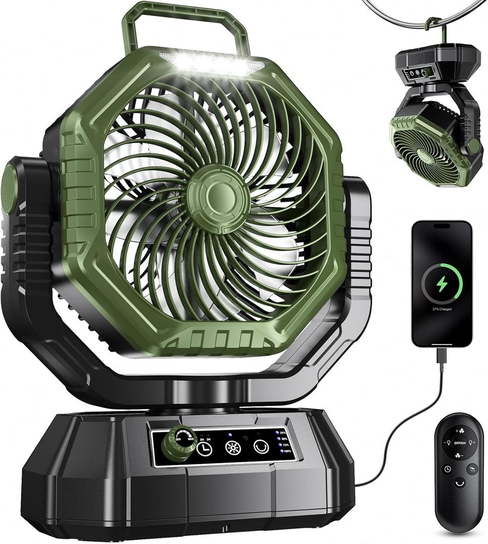 HAWANA Portable Fan Rechargeable20000mAh Camping Fan with 360 Airflow, Battery Powered Ventilador Recargable with Stepless Wind Speeds, 3 Timing, Hanging Hook for Camping, Tents, BBQ, Fishing (Green)