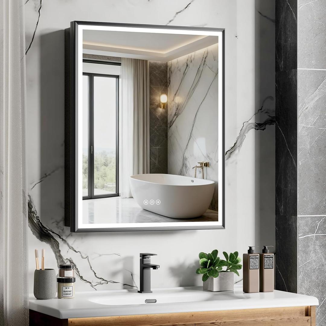 24x30 Inch Lighted Medicine Cabinet Black Aluminum Frame 3-Color Dimmable LED Anti-Fog Mirror Surface & Recessed Mount for Bathroom Hotel Apartment Dressing Room Entryway