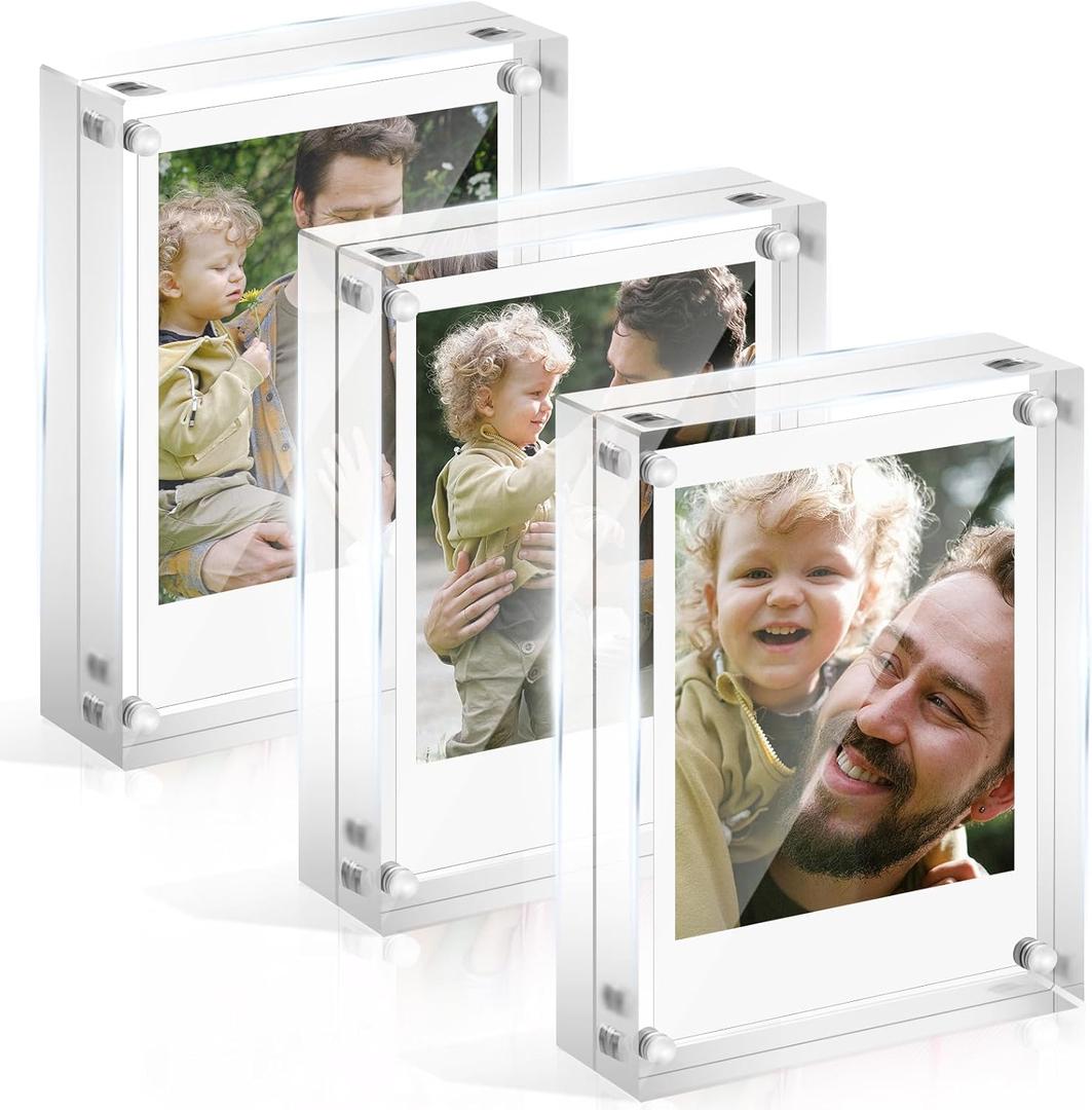 3 Pack Magnet Acrylic Polaroid Picture Frame, 10+10 mm Thick Block, 2.5x3.5 Inch Freestanding Clear Mini Frames for Instant Photos, Wallet Size Magnetic Instax Frame for Tabletop Display
